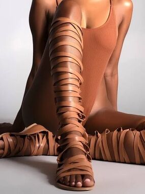 New Anthropologie Farylrobin Knee High Cognac Leather Strappy Gladiator Sandals